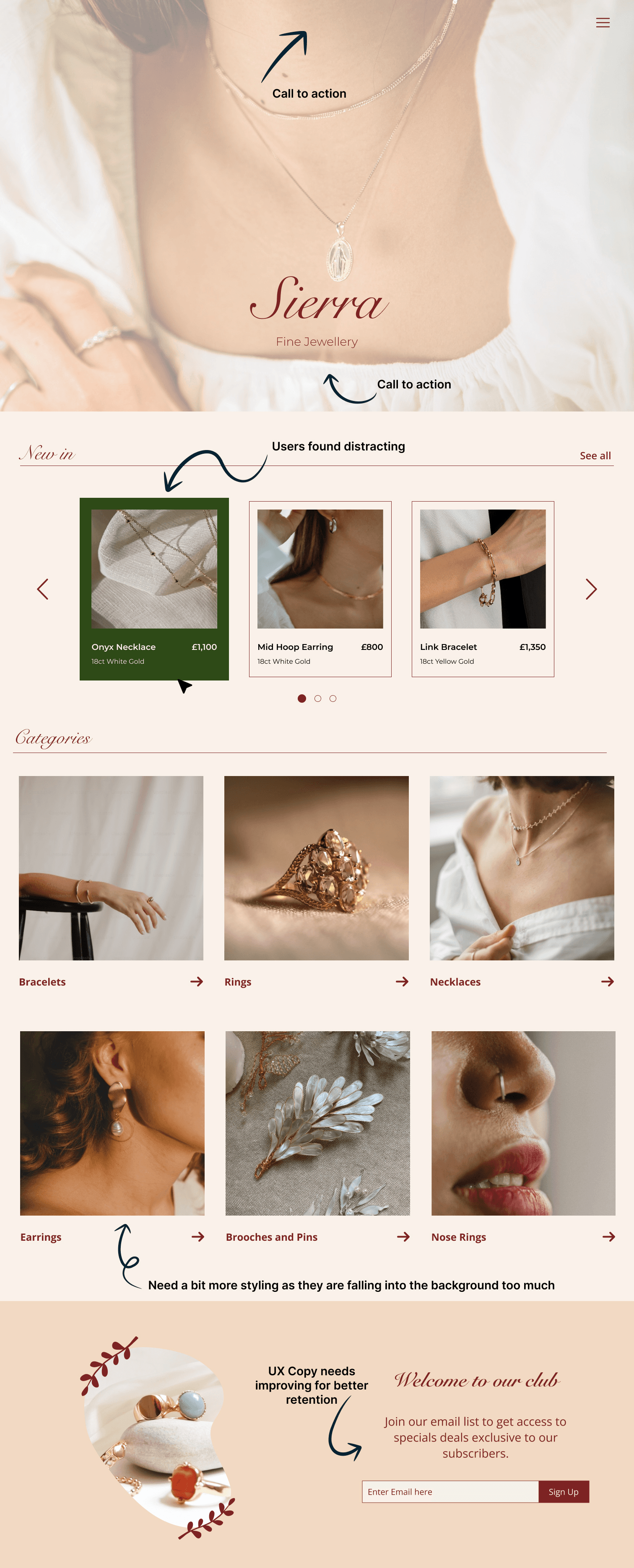 Initial Sierra Jewellery website designs and edit notes