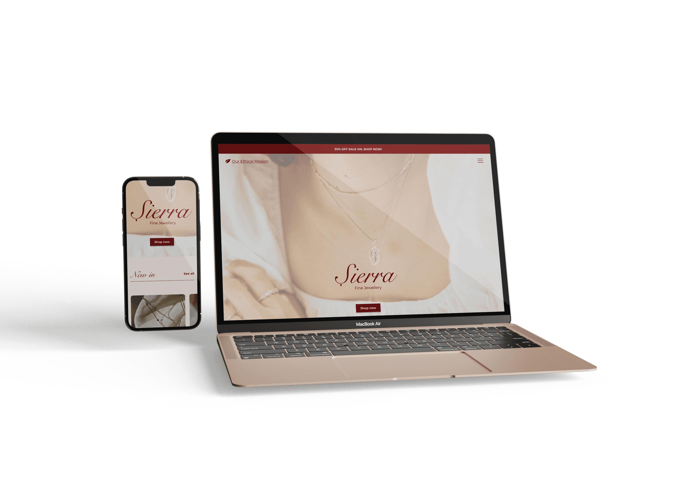 Homepage of Sierra Jewellery website on mac and mobile mock ups